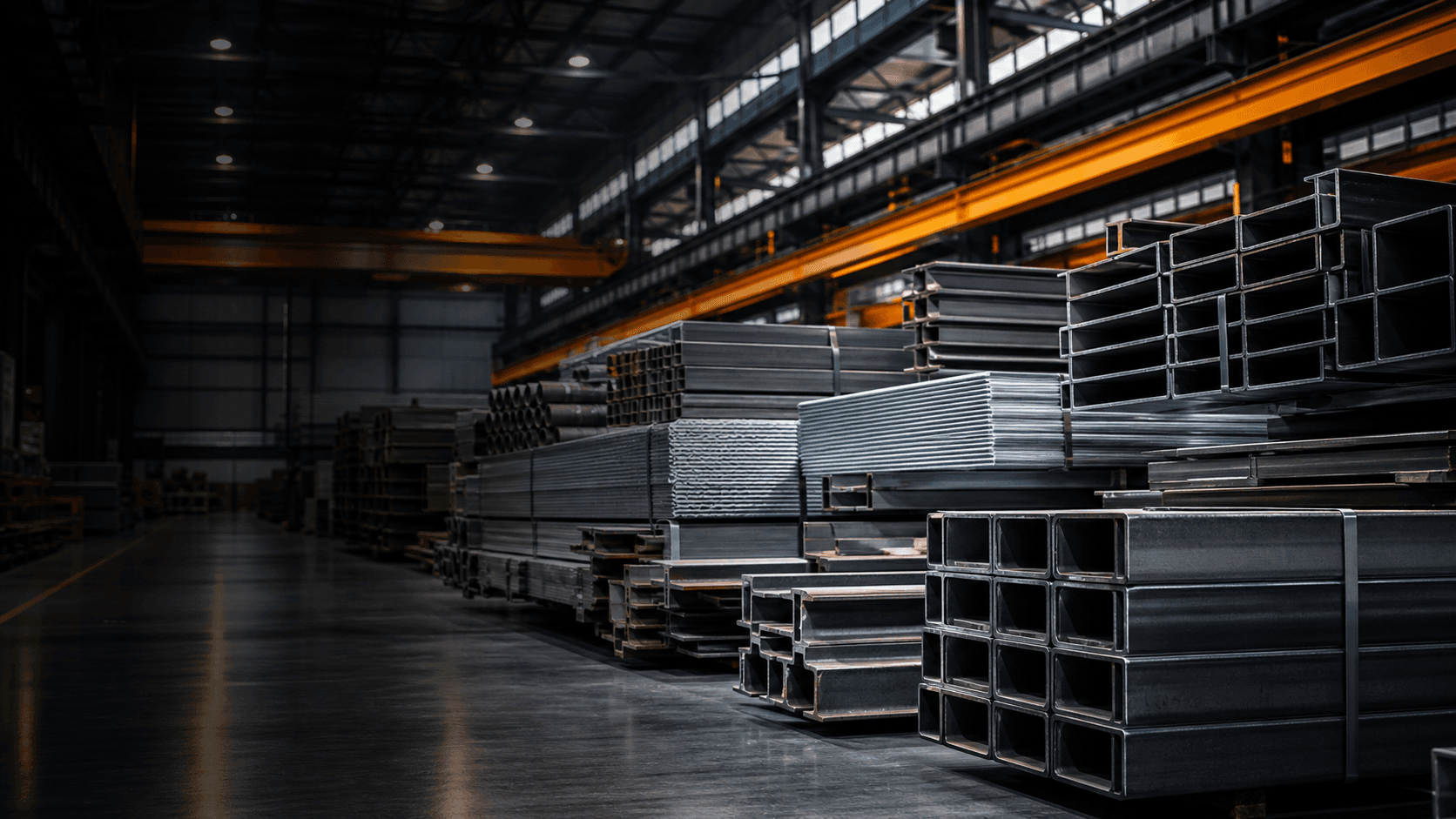 Almacén industrial con perfiles y vigas de acero